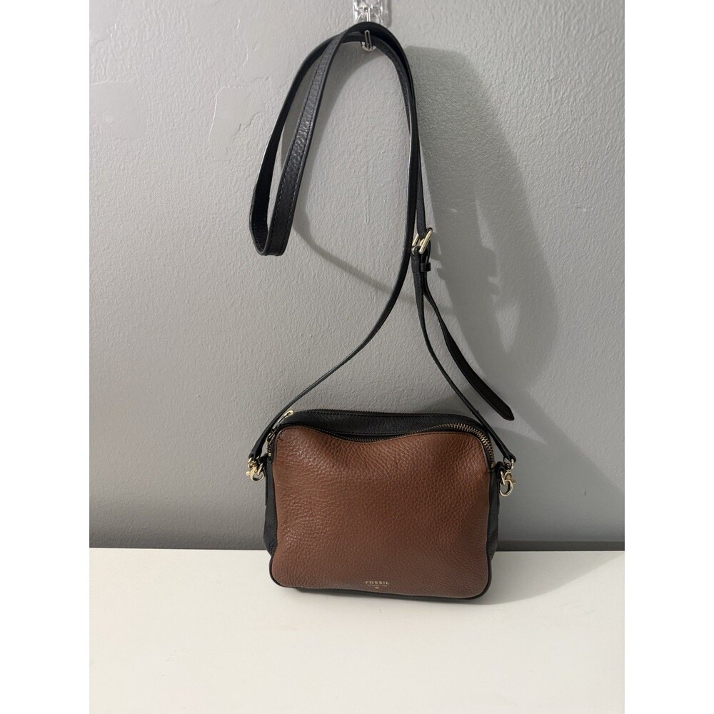 Fossil Sydney Two Tone Leather Brown Black Crossbody Handbag Purse